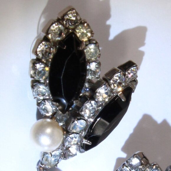 Vintage Silver-Tone Black & Clear Rhinestone Imitation Pearl Drop Earrings - Picture 7 of 8